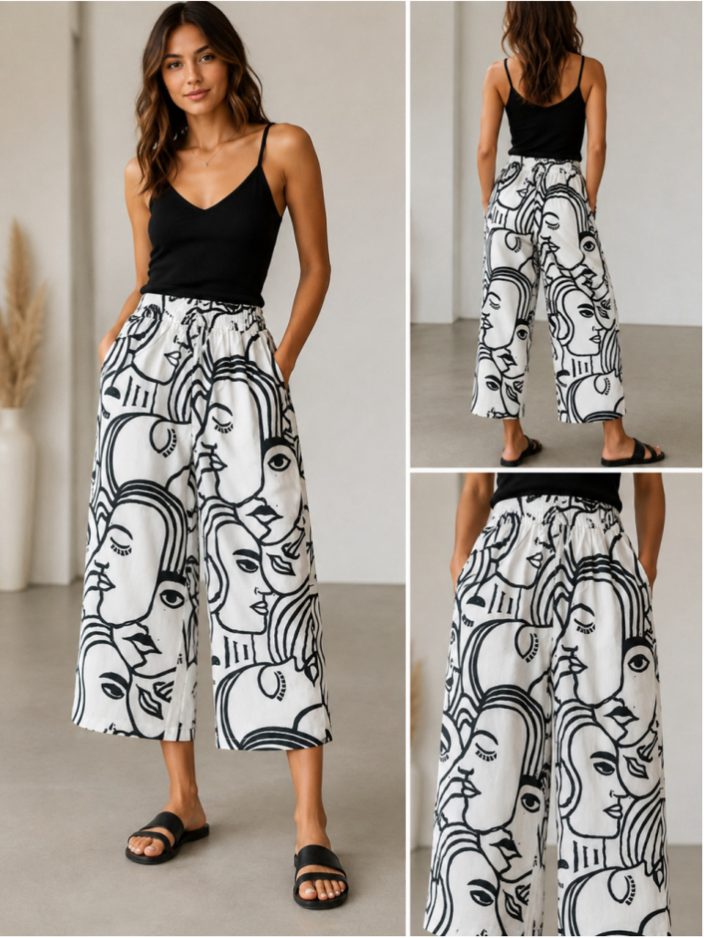 Women's Unbranded Wide Leg Pants 2X White Black Abstract Face Print
